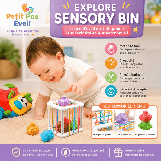 Cube éducatif Montessori pour bébé de la marque PetitPas Éveil, avec couleurs vives et formes géométriques pour éveil sensoriel.