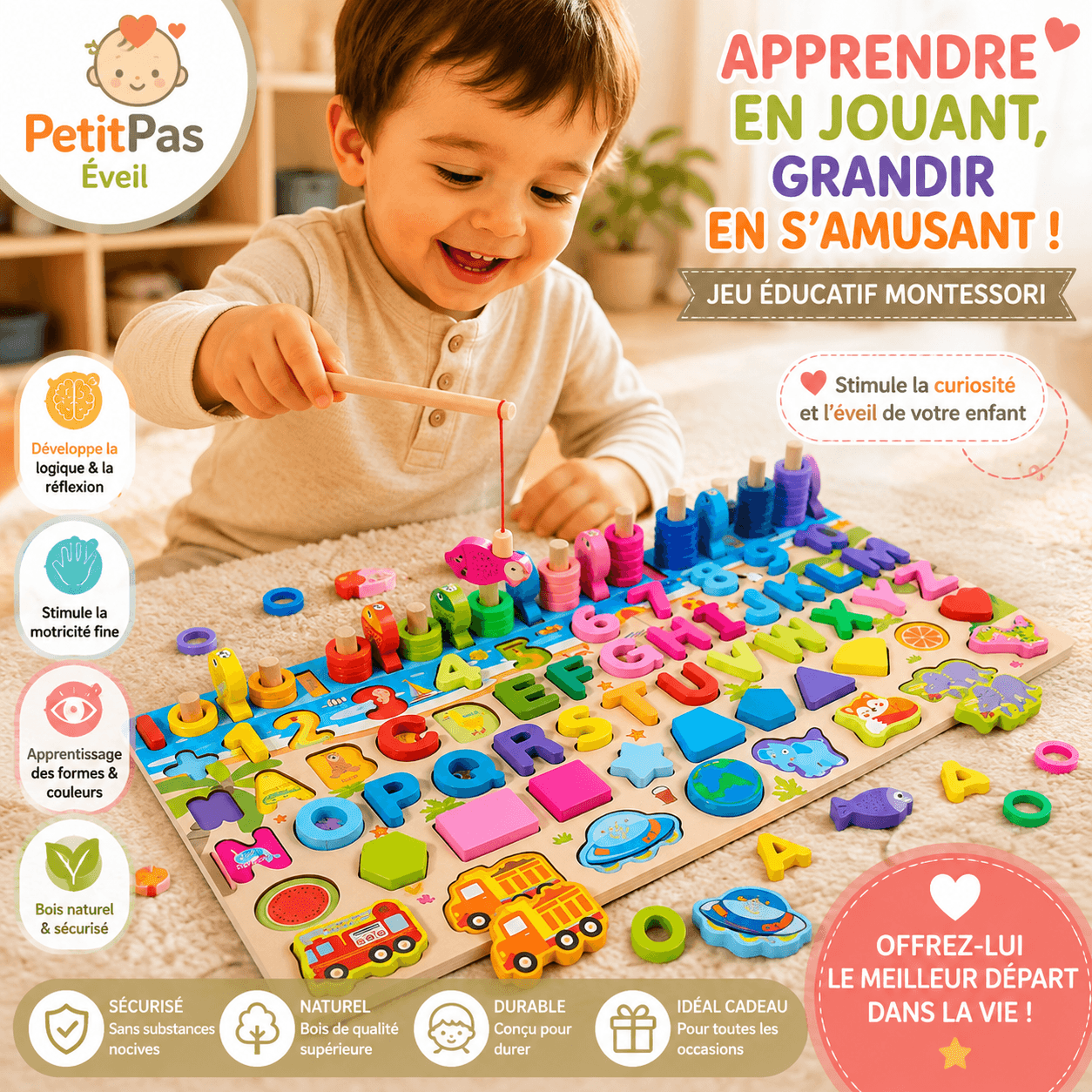 Jouets éducatifs en bois Montessori PetitPas Éveil pour enfants d'âge préscolaire, jeu d'éveil pêche et mathématiques avec pièces colorées