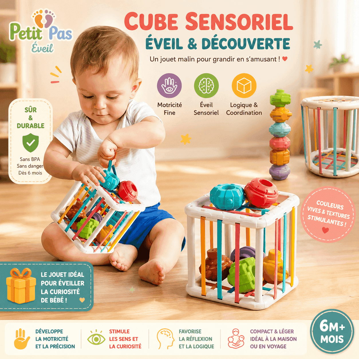 Cube éducatif Montessori pour bébé PetitPas Éveil, en bois coloré avec formes géométriques et textures pour éveil sensoriel.