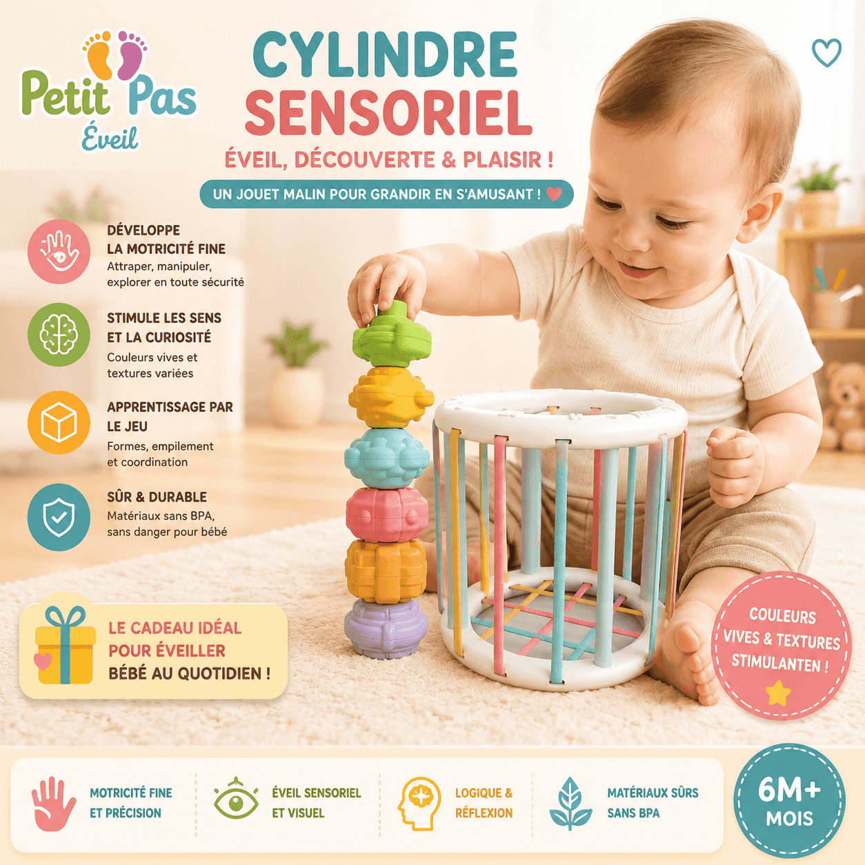 Cube éducatif Montessori pour bébé de la marque PetitPas Éveil, avec couleurs vives et formes pour éveil sensoriel.