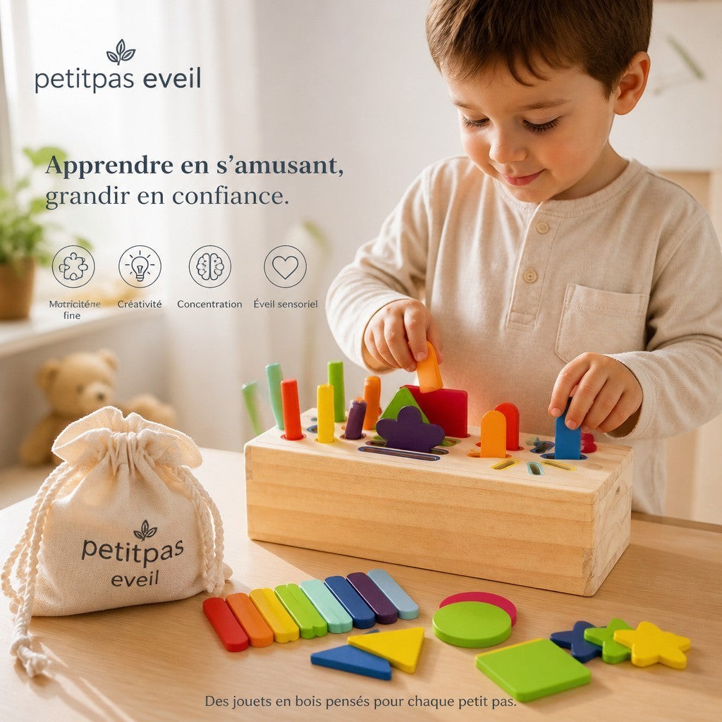 PetitPas Éveil "Jouet Montessori en bois: Jeu Éducatif De Tri Et D'Encastrement En Bois Jouets d'activité jeu-educatif-montessori-en-bois-pour-la-maternelle-formes-geometriques-3d-solides-jouet-de-tri-de-couleurs-developpement-et-entrainement