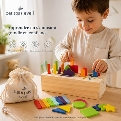 PetitPas Éveil "Jouet Montessori en bois: Jeu Éducatif De Tri Et D'Encastrement En Bois Jouets d'activité jeu-educatif-montessori-en-bois-pour-la-maternelle-formes-geometriques-3d-solides-jouet-de-tri-de-couleurs-developpement-et-entrainement