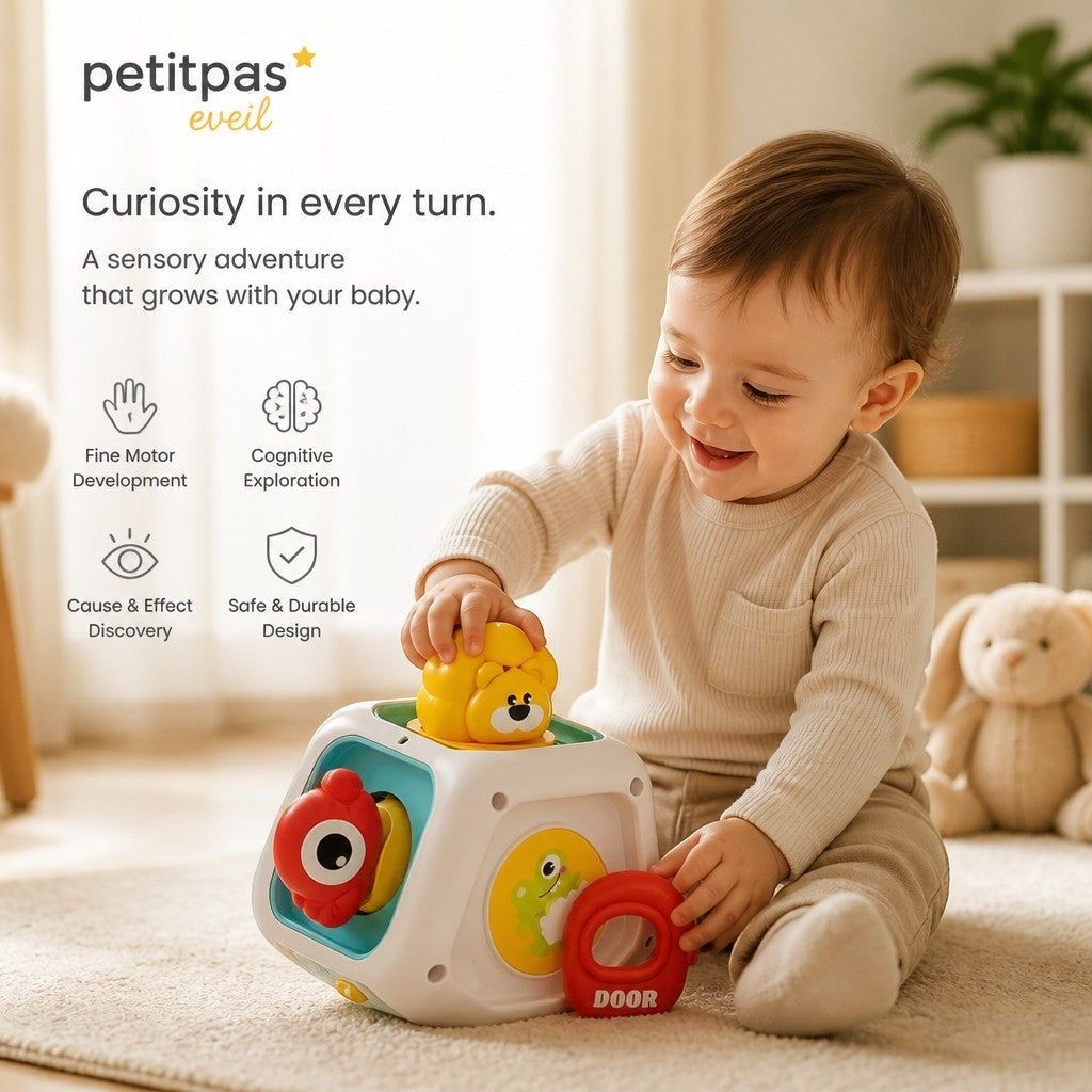 Cube d’éveil Montessori PetitPas Éveil, jouet éducatif interactif pour bébé 0-12 mois, avec couleurs et textures variées.