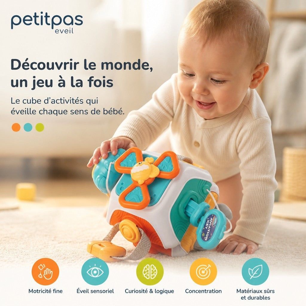 Cube d’éveil Montessori PetitPas Éveil, jouet éducatif pour bébé 0-12 mois avec couleurs et textures variées.