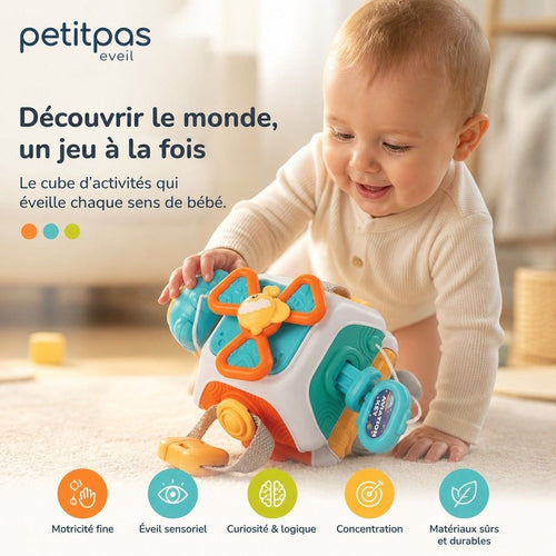Cube d’éveil Montessori PetitPas Éveil, jouet éducatif pour bébé 0-12 mois avec couleurs et textures variées.