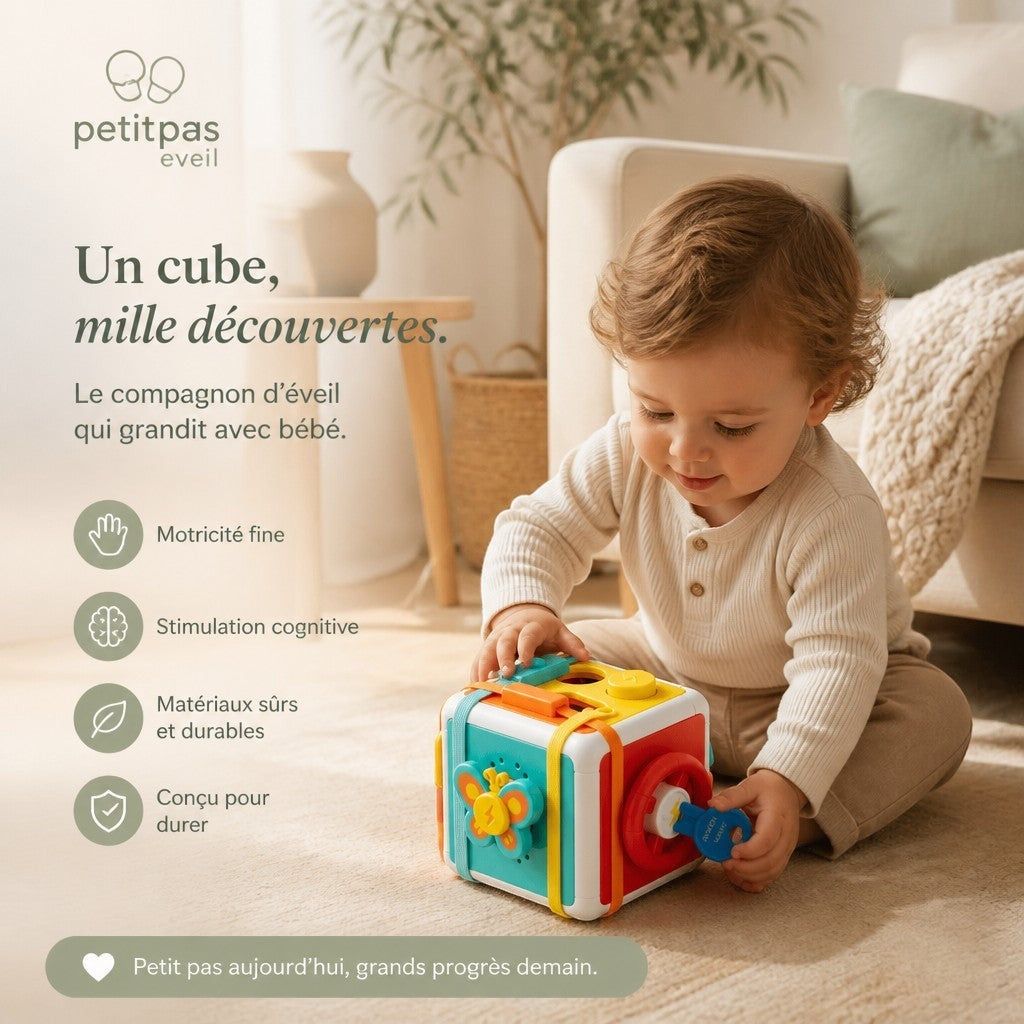 Cube d’éveil Montessori PetitPas Éveil, jouet éducatif pour bébé 0-12 mois, avec couleurs vives et textures variées.