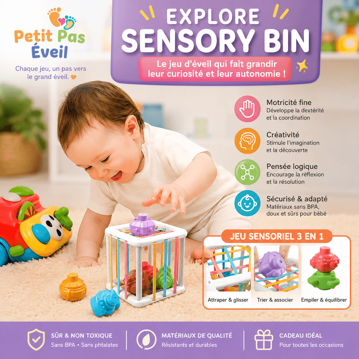 Cube éducatif Montessori pour bébé de la marque PetitPas Éveil, avec formes, couleurs et textures sensorielle pour l'éveil.