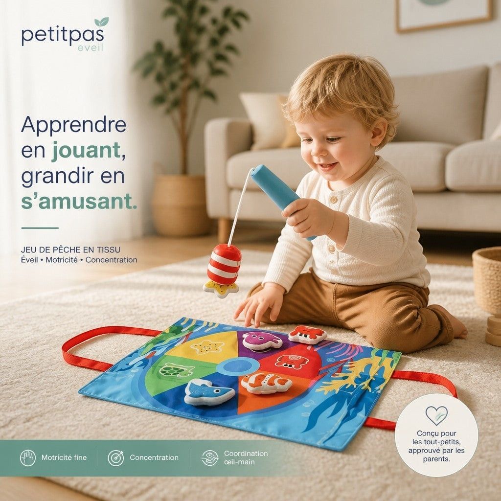 Jeu de pêche éducatif en tissu Montessori PetitPas Éveil, avec poissons colorés pour apprendre à pêcher.