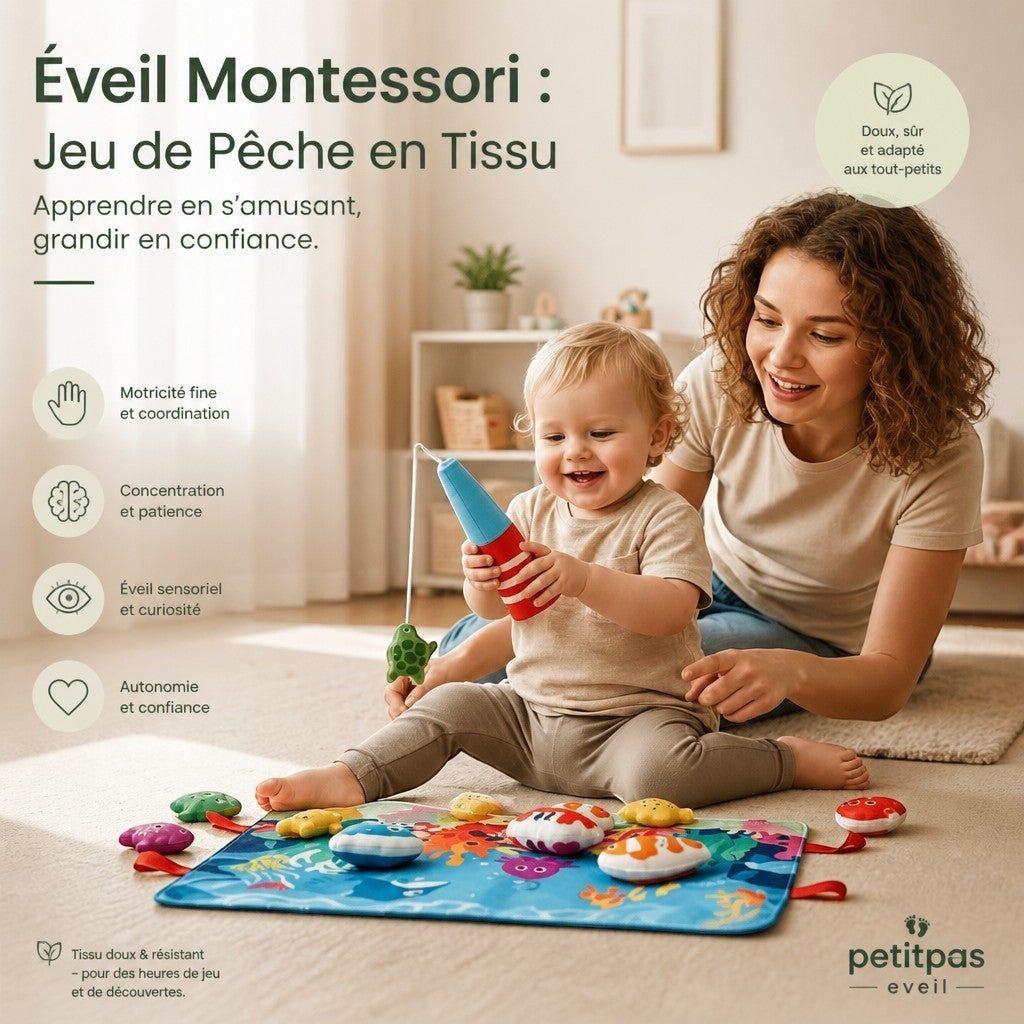 Jeu de pêche éducatif en tissu Montessori PetitPas Éveil, avec poissons colorés pour apprendre à pêcher.