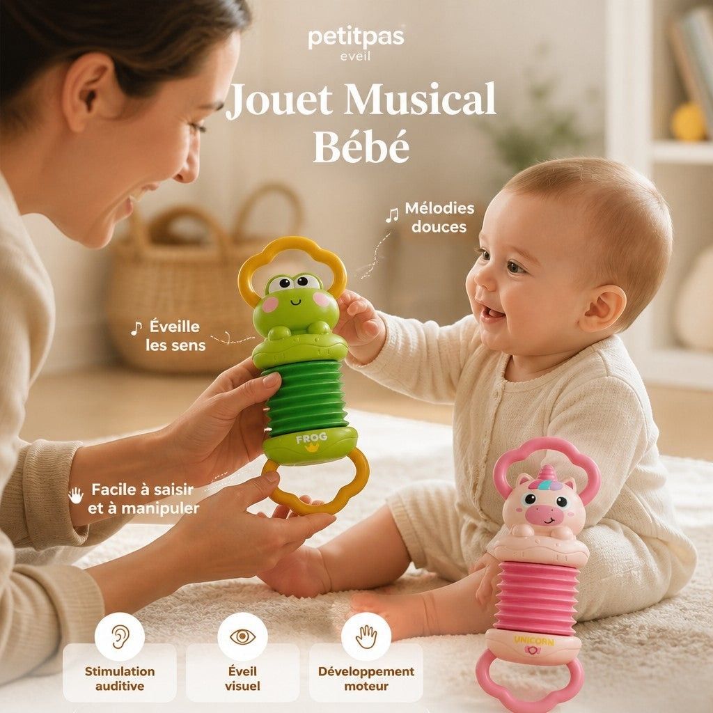 Accordéon pour bébé PetitPas Éveil avec motif licorne, instrument de musique coloré pour éveil et plaisir musical.
