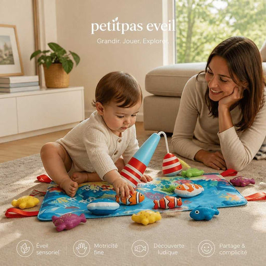 Jeu de pêche éducatif en tissu de PetitPas Éveil avec plusieurs couleurs, parfait pour l'apprentissage des enfants.