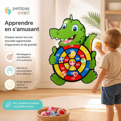 Jeu de fléchettes Velcro pour enfants PetitPas Éveil avec éléphant, comprenant trois balles pour l'apprentissage et le jeu.