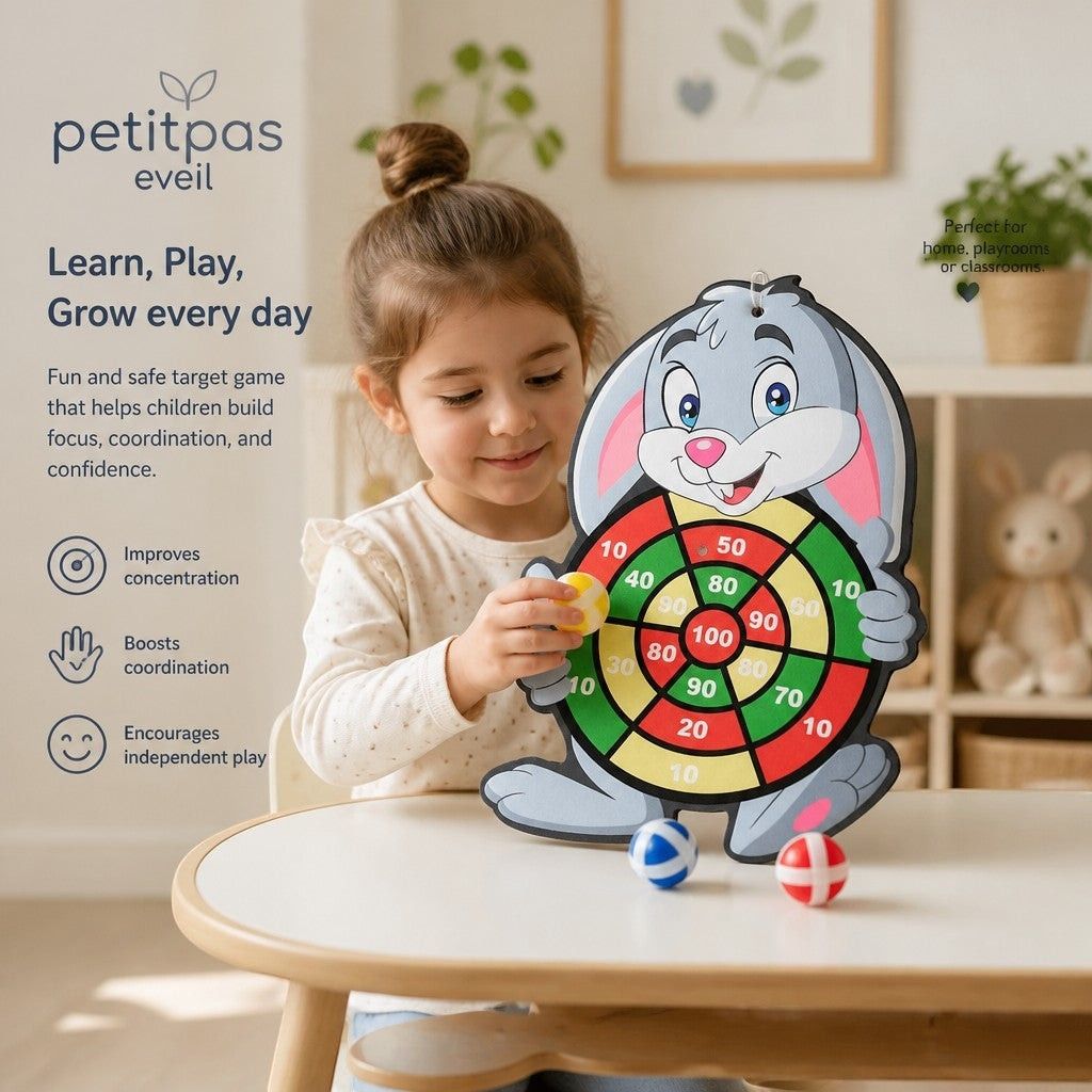 Jeu de fléchettes Velcro pour enfant PetitPas Éveil avec éléphant, comprenant trois balles pour jeu d'adresse et d'apprentissage.