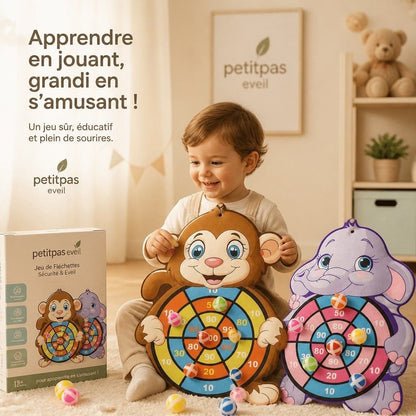 PetitPas Éveil jeu de fléchettes velcro éducatif avec cibles en forme de singe et d'éléphant pour enfants