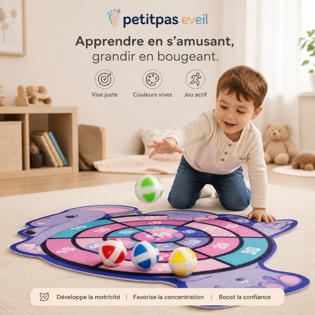 Jeu éducatif pour enfant avec tapis de jeu en forme de dragon, comprenant balles colorées, favorise la motricité, la concentration et le jeu actif dans une ambiance ludique.