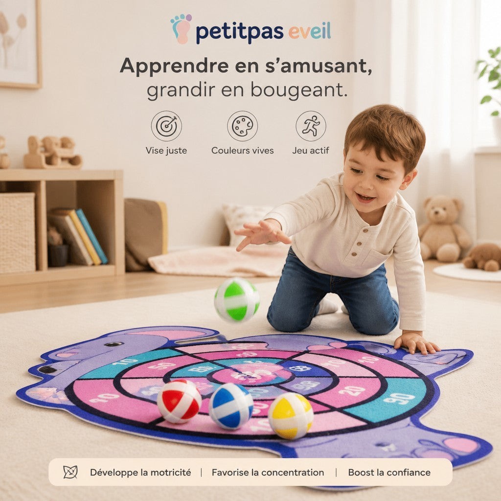 PetitPas Éveil jeu de fléchettes velcro éducatif avec cible murale en forme d'animal et balles colorées pour enfant