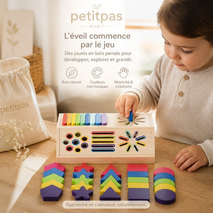 Enfant jouant avec le jeu éducatif de tri en bois PetitPas Éveil, incluant des formes géométriques colorées.