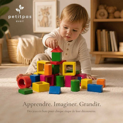 Jouet en bois Montessori PetitPas Éveil, blocs éducatifs en bois léger jaune pour l'apprentissage et le jeu.