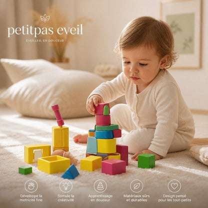 Jouet en bois Montessori PetitPas Éveil avec blocs éducatifs jaunes clairs, idéal pour l'apprentissage et le jeu.