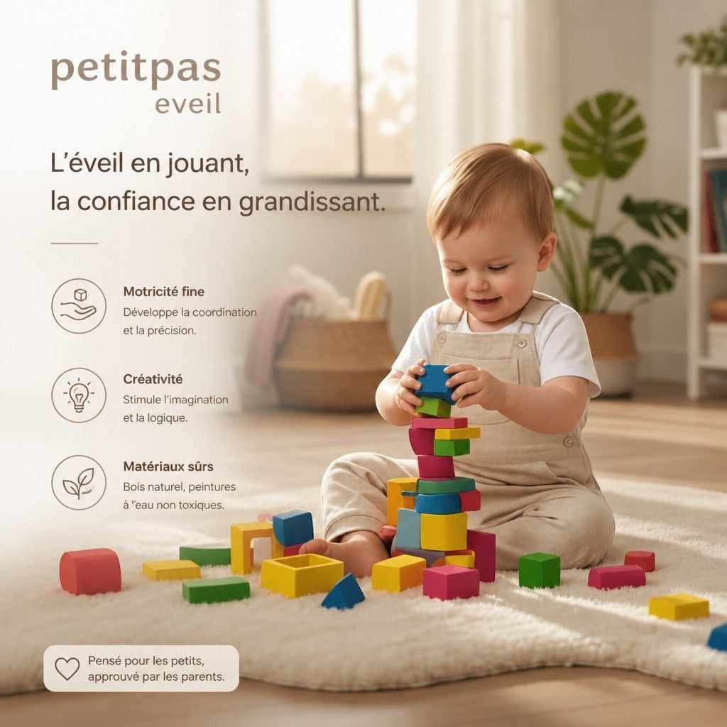 PetitPas Éveil Jouet en bois: Ensemble De Blocs De Construction Éducatifs Pour Enfants Jouets en bois montessori-wooden-sorting-stacking-toys-shape-color-sort-block-puzzles-toddler-geometric-stacking-toys-for-baby-early-education
