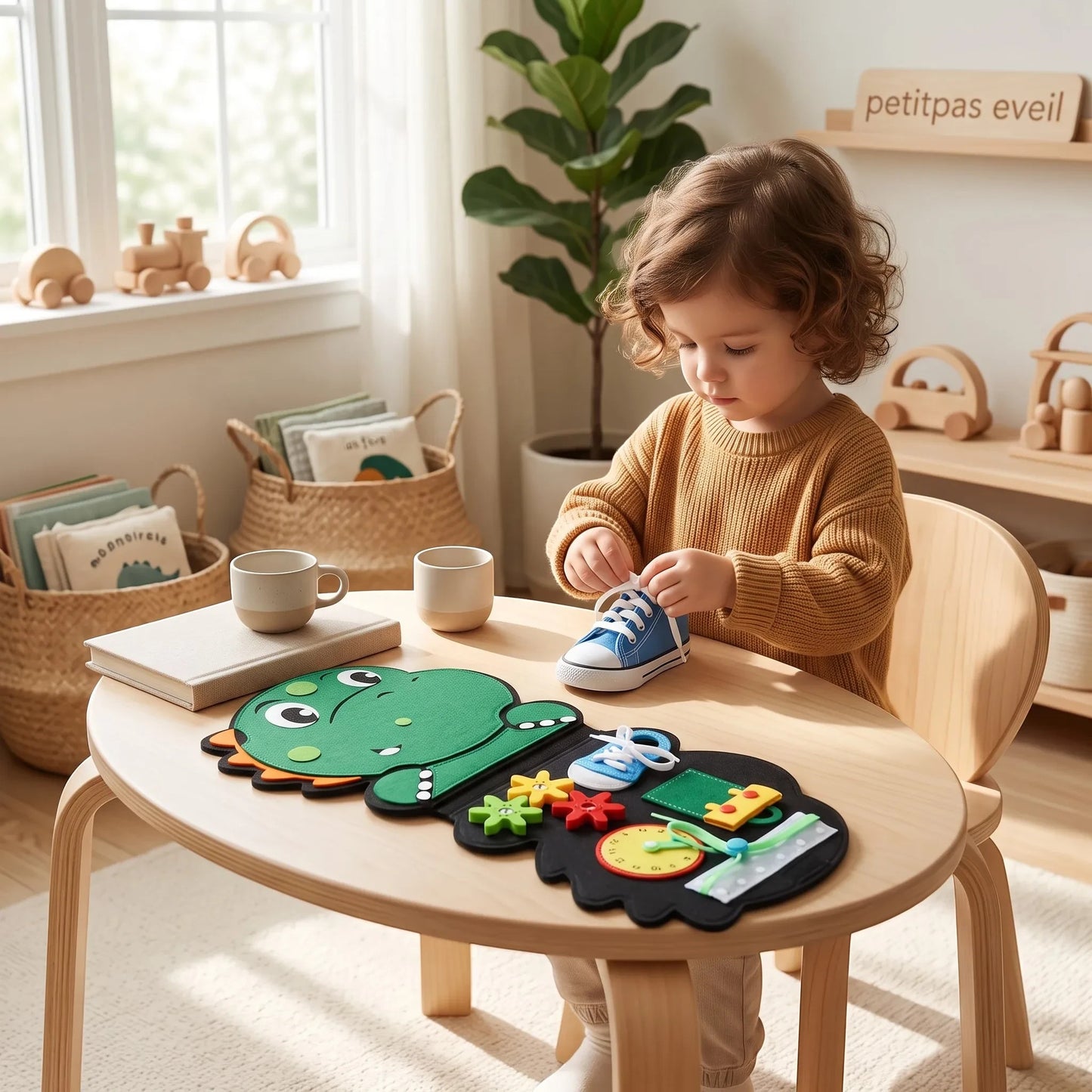 Enfant jouant avec un jouet éducatif en feutrine PetitPas Éveil en forme de dinosaure sur une table en bois
