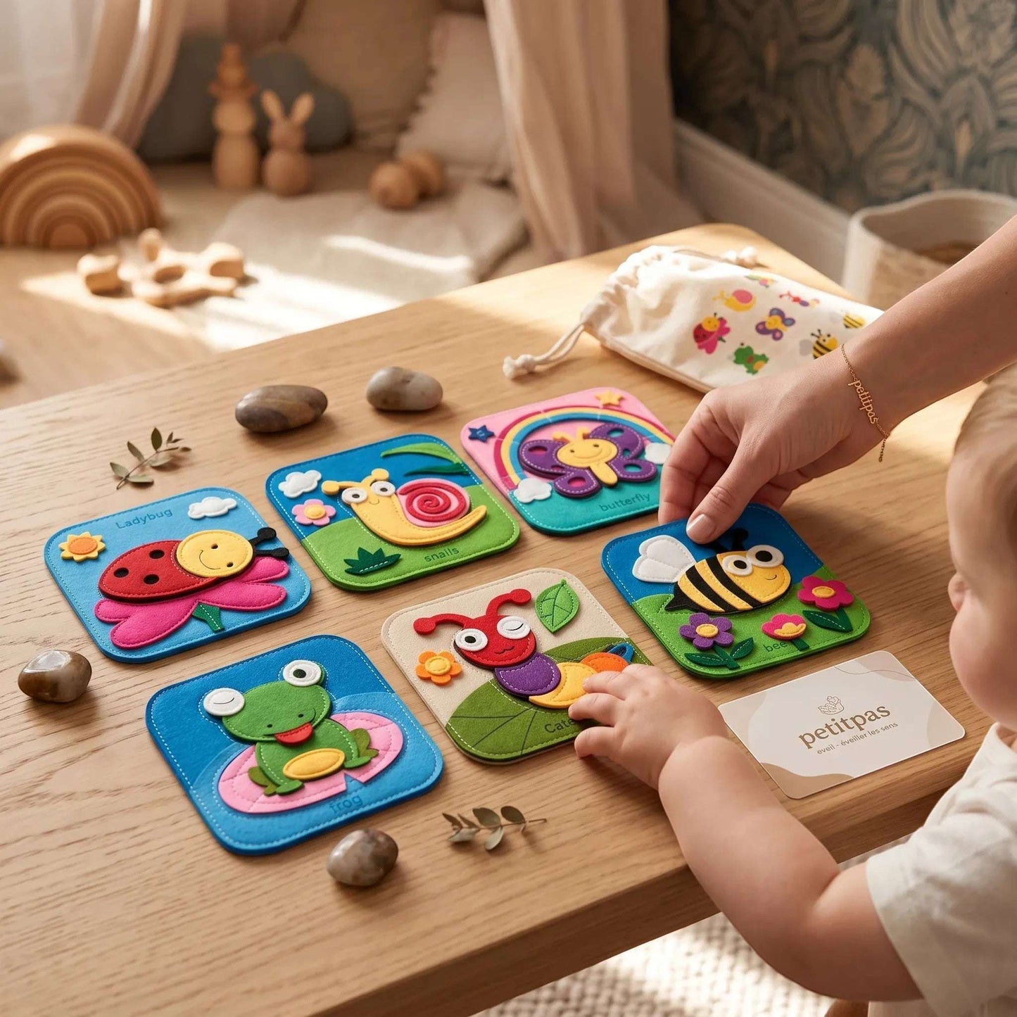 Cartes éducatives en feutrine insectes pour bébé, développement sensoriel et motricité fine, par PetitPas Éveil.